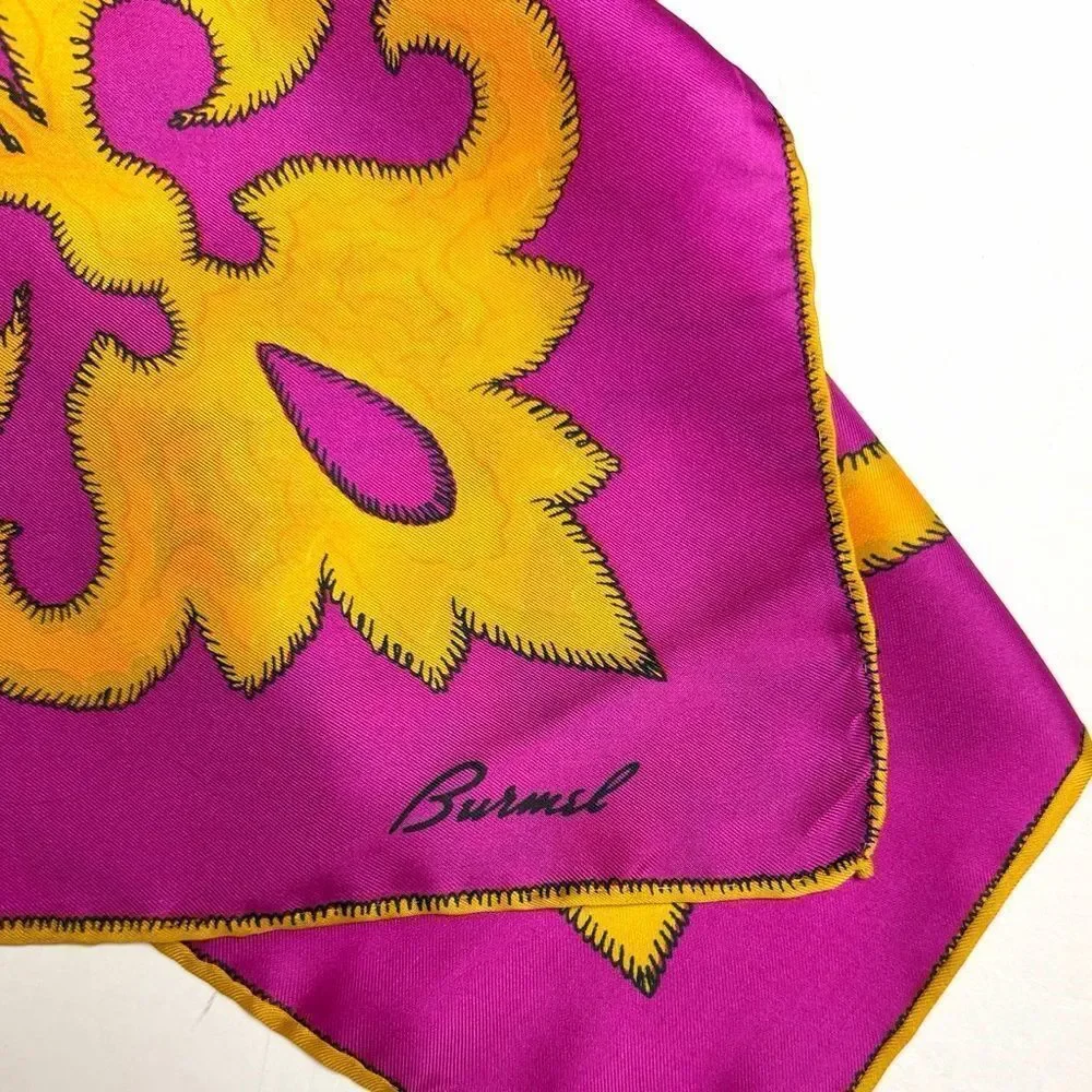 Burmel Twill Silk Scarf Fuchsia Yellow Moroccan-style Pattern Hand Rolled Japan